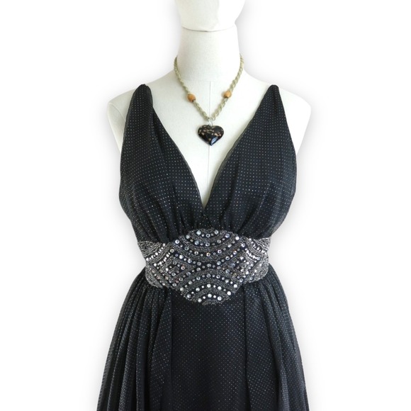 80s Black Wedding Gown S/M | Sheer Chiffon Beaded Rainbow Crystal Evening Dress‎ - Picture 3 of 10